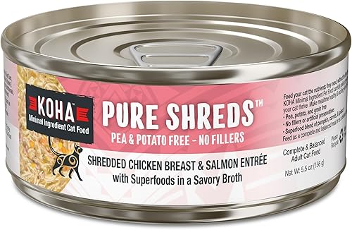 KOHA Pure Shreds - Entrada de pollo y salmón para gatos, comida húmeda para gatos con alto contenido de proteínas, latas de 5.5 onzas (paquete de 12)