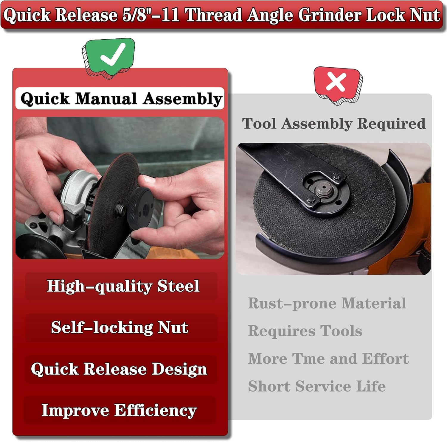 3pcs 5/8"-11 Angle Grinder Flange Nuts, 2 Silver Tool-Free Quick Release D-Ring Locking Nuts + 1 Black Knurled Heavy Duty Self-Locking Arbor Nut for 4-1/2" 5" 7" 9" Grinders