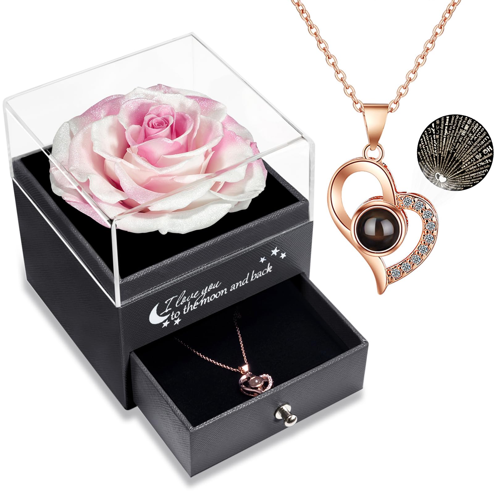 Yamonic Rosa Eterna Regalo Donna,Rosa Stabilizzata con Collana Donna,Regali San Valentino per lei,Idea Regalo per Lei,Confezione Regali Compleanno Anniversario Festa della Mamma Natale
