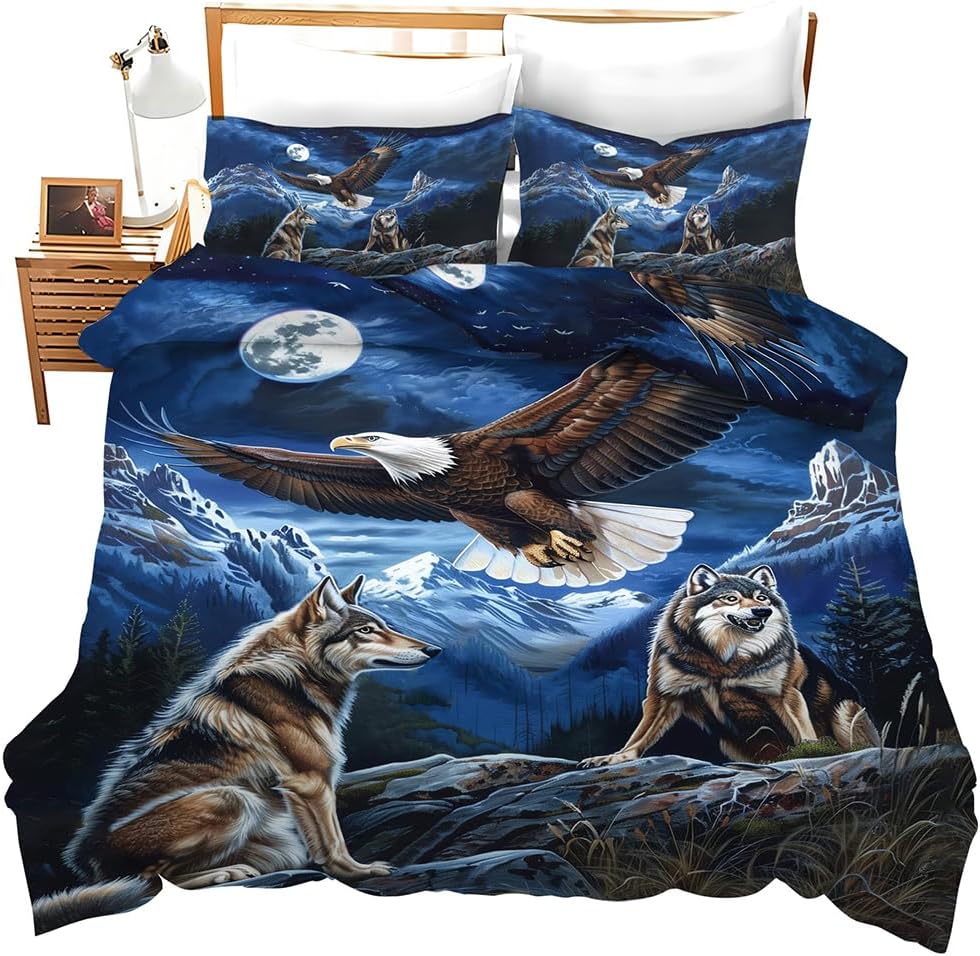Bald Eagle Wolf 3 Pieces Duvet Cover Comforter Set with 2 Pillowcase Twin Size Bed Sheet Quilt Bedroom Bedding for Lover Kids