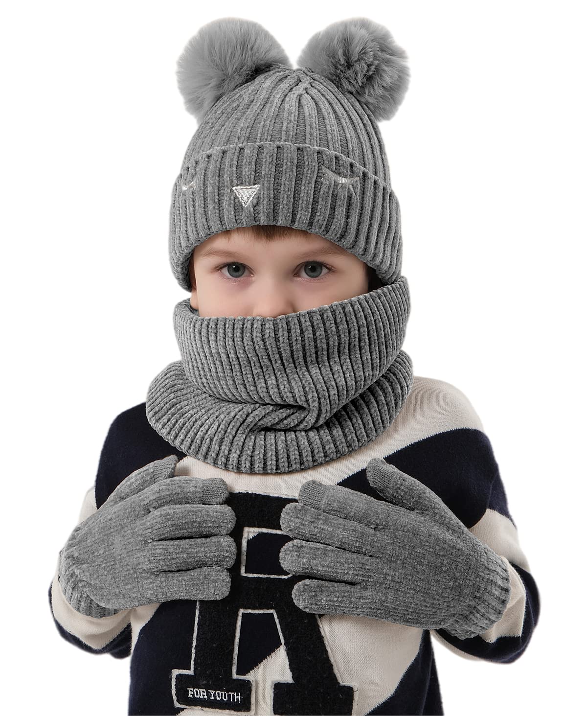 Photo 1 of 3Pcs Kids Hat Scarf Gloves Set Boys Girls Chenille Age 3-8 with Warm Fleece Lined Beanie Cap Touchscreen Gloves Loop Scarf Grey