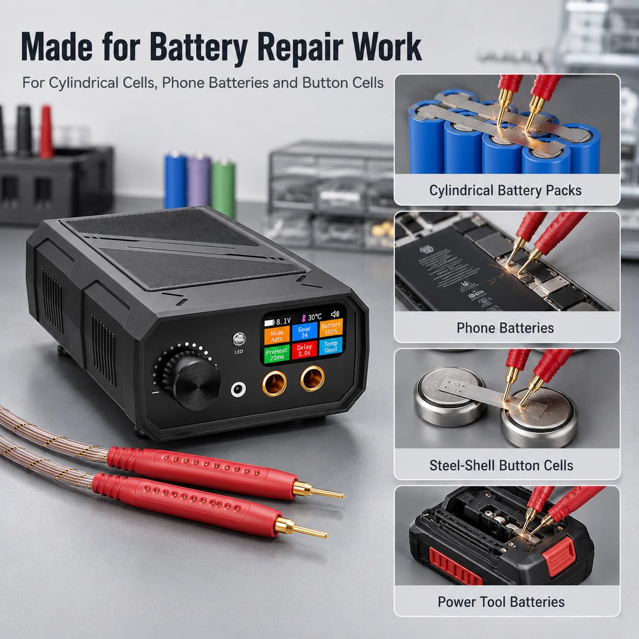Soldadora por Puntos Portátil para Baterías, 10000W de Potencia Máxima, Batería Integrada de 10000mAh, Soldadora de Doble Pulso con 90 Niveles Ajustables, Modos Automático y Pedal