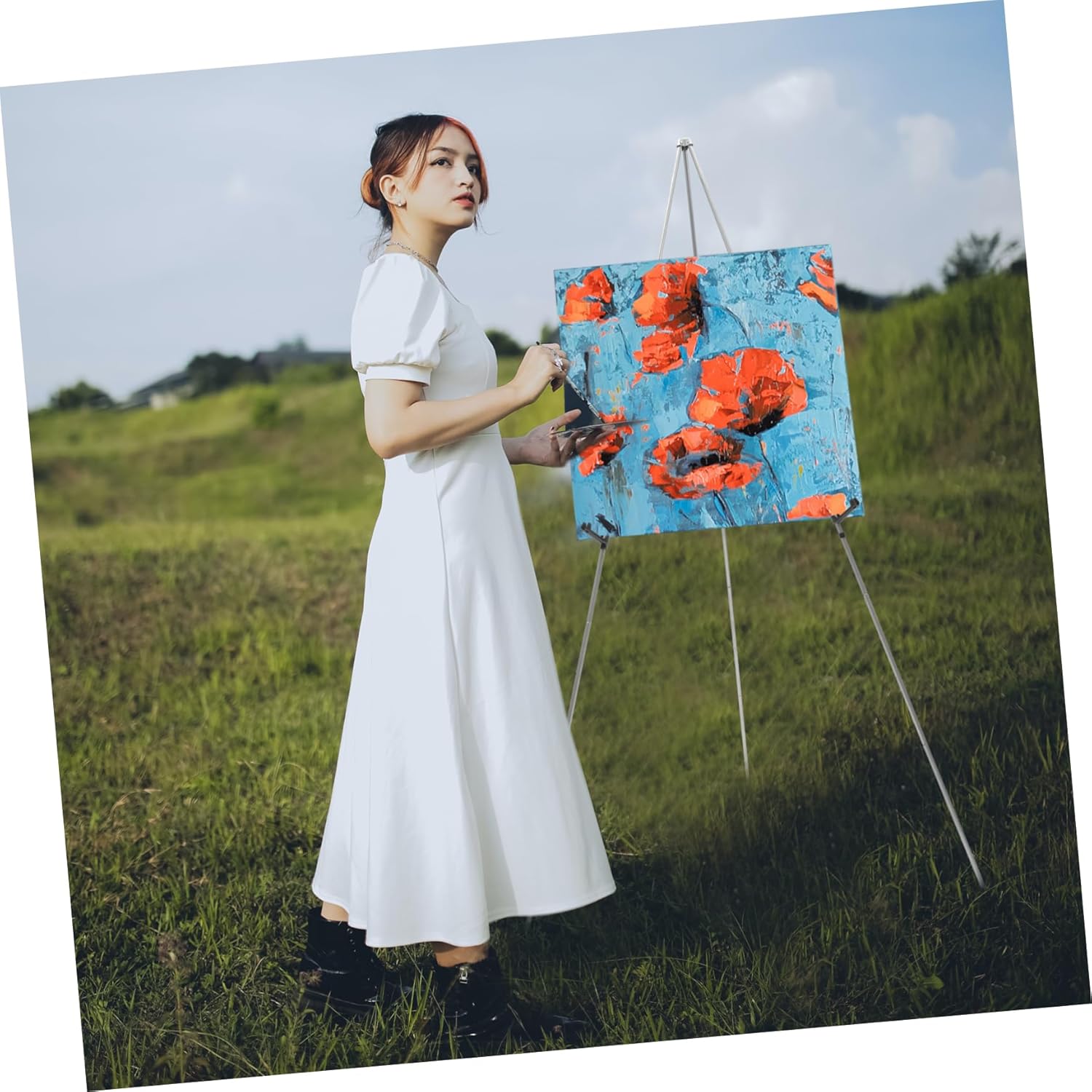 Adjustable Metal Tripod Easel Stand for Art Display and Portable for Students Weddings and Classroom Use Non- Feet for Stability