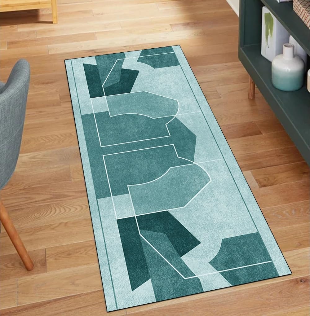 Tapis de couloir antidérapant et lavable | Grand confort style patchwork cyan