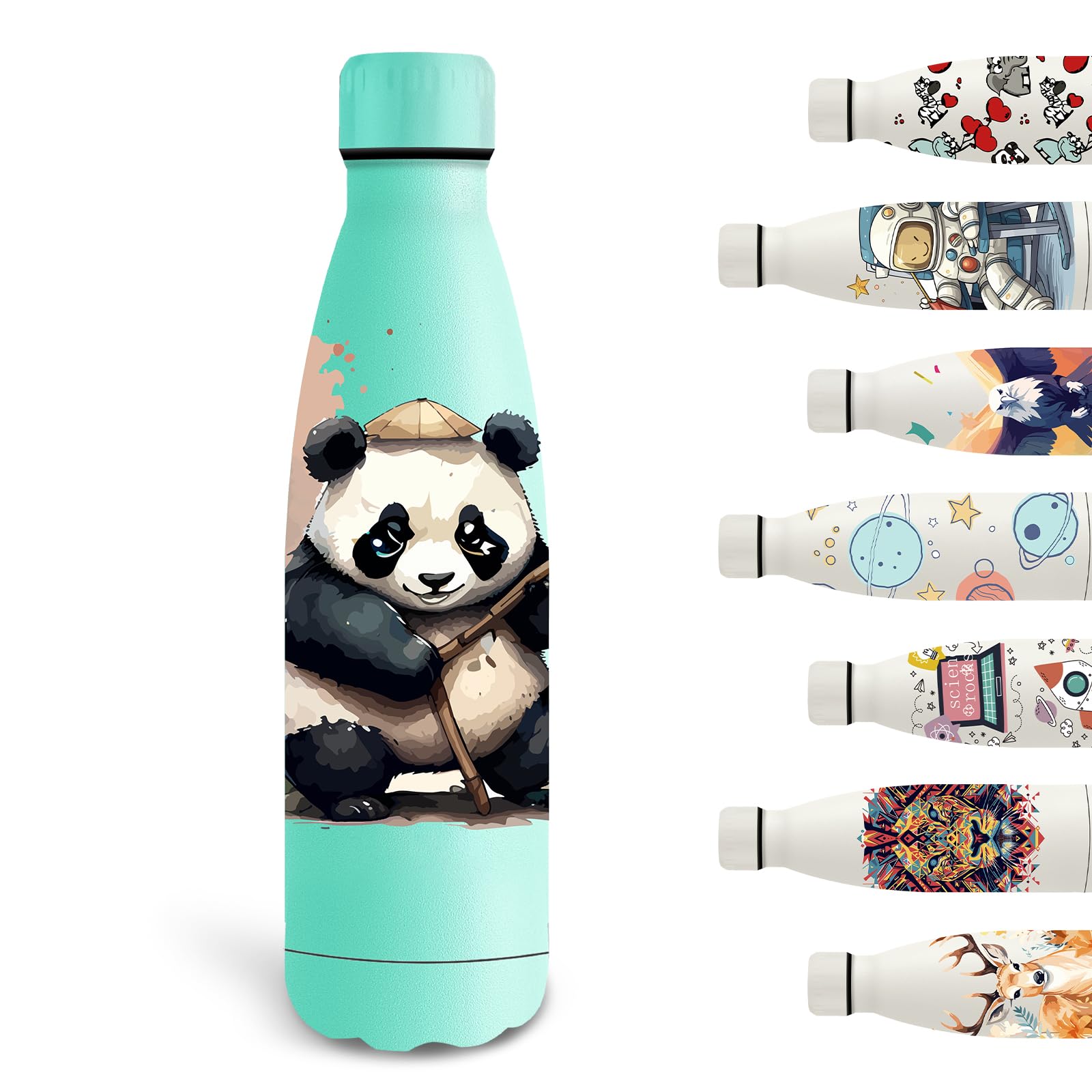 Grsta Trinkflasche 500ml, Trinkflasche Edelstahl BPA-freie, Wasserflasche Kalt&Warm, Personalisiert mit Panda-Muster, Kinder für Schule, Fahrrad, Camping, Running, Grün