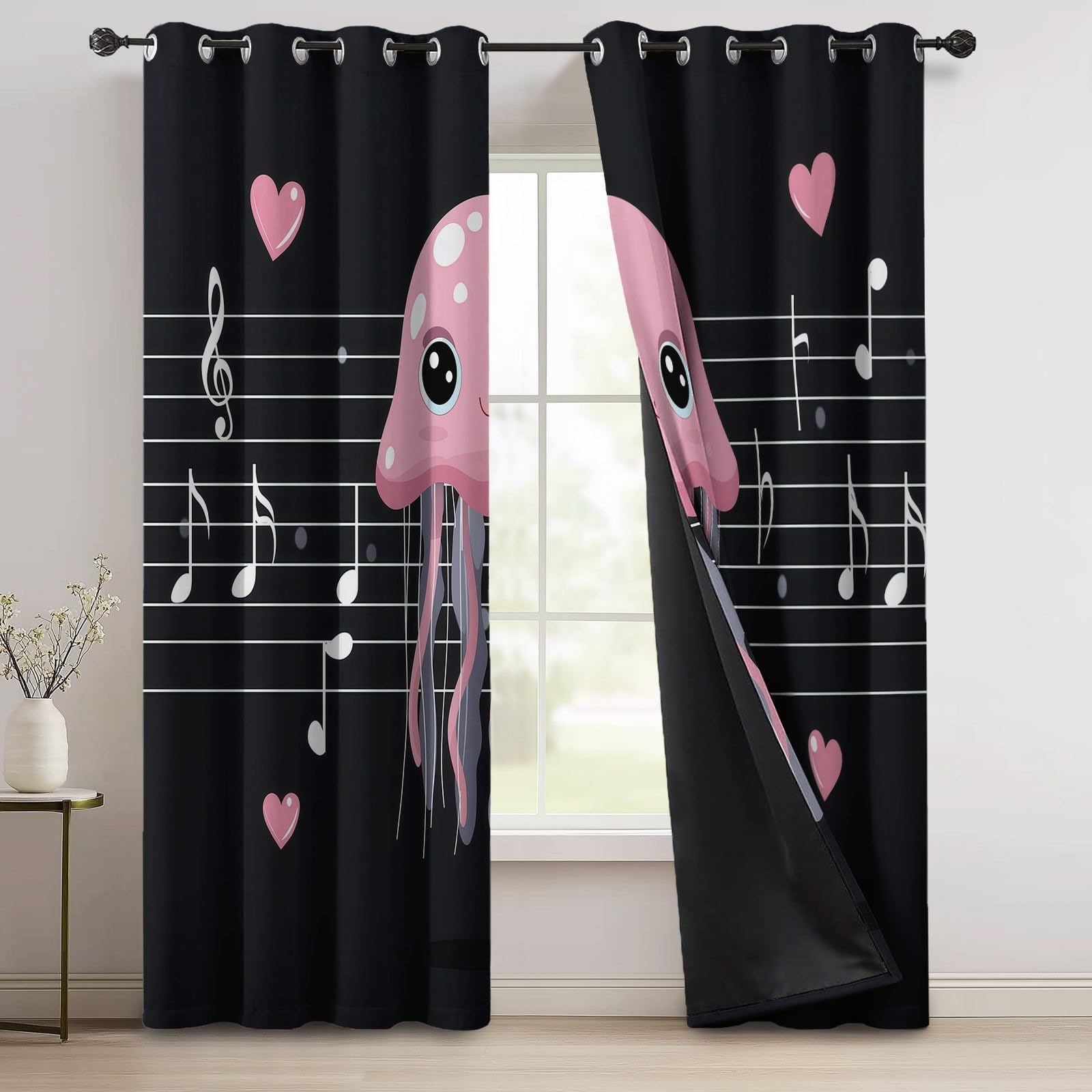 Generisch Cartoon Tiere Verdunkelungsvorhang, Qualle Notenlinien Herz Noten Bedruckter Wärmeisoliert Vorhänge mit Ösen, Schwarz Vorhang für Schlafzimmer Wohnzimmer, H215 x B110 cm x 2 Vorhänge