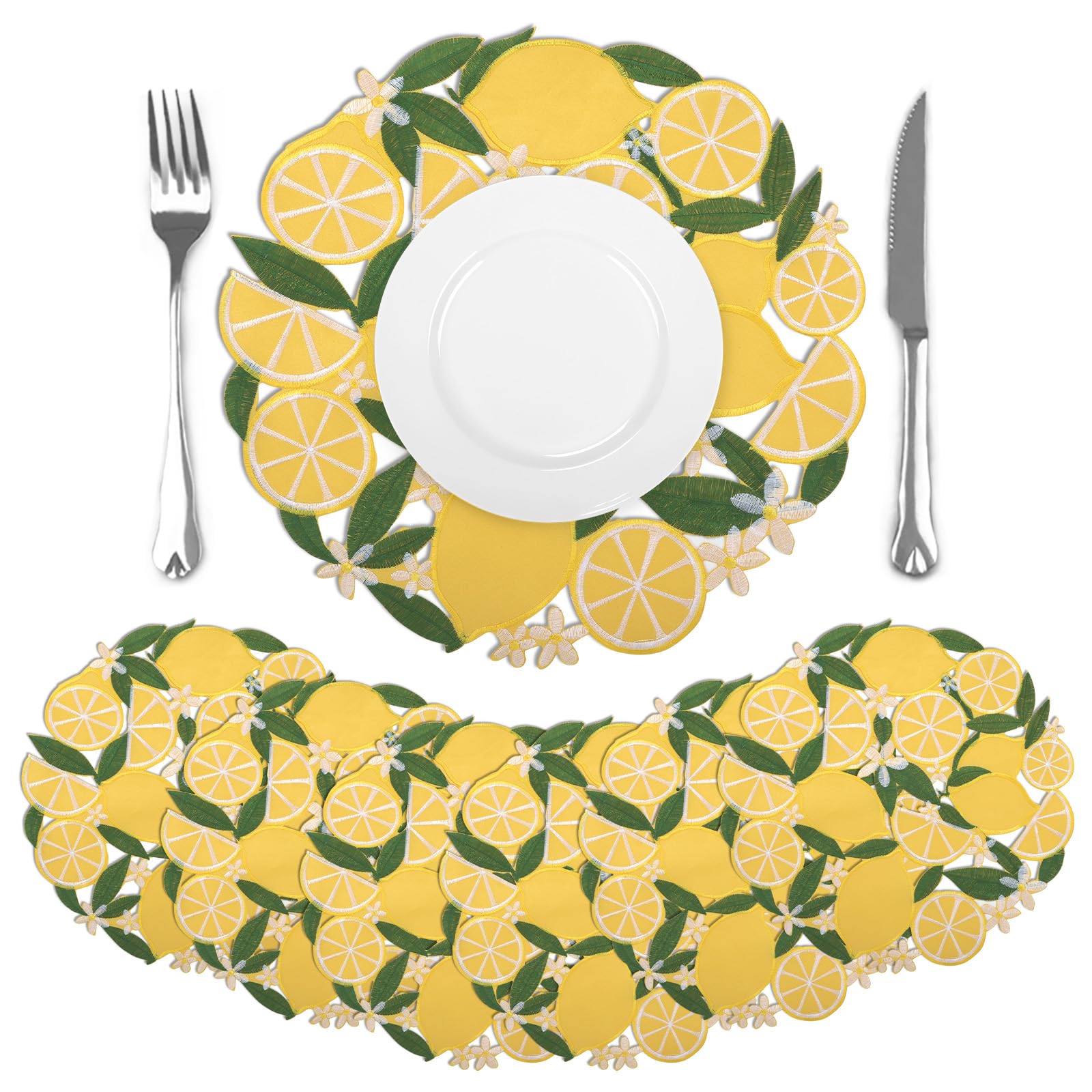 comfoyar Round Embroidered Placemats Set of 6, 35 cm Lemon Place Mats with Leaf Flower, Spring Summer Floral Cutwork Doilies Table Mats for Home Kitchen Dining Party Table Decoration