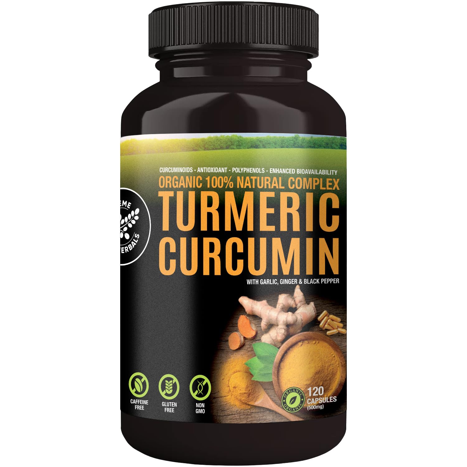 100% Raw and Organic Turmeric Curcumin Capsules. Certified Organic, Gluten-Free, Non-GMO, and Caffeine-Free. Enhanced with Garlic, Ginger and Black Pepper, 500mg, 120 Vegan Capsules