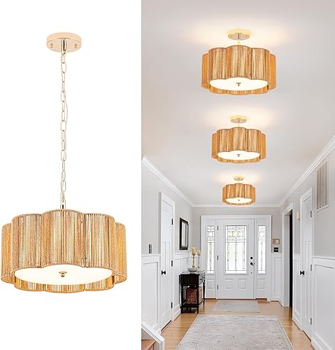 Miniatura 10 de Lámpara de techo de ratán tejida lineal 2 en 1 de 5 luces de 19.6 pulgadas, montaje empotrado/colgante convertible para isla de cocina y comedor,