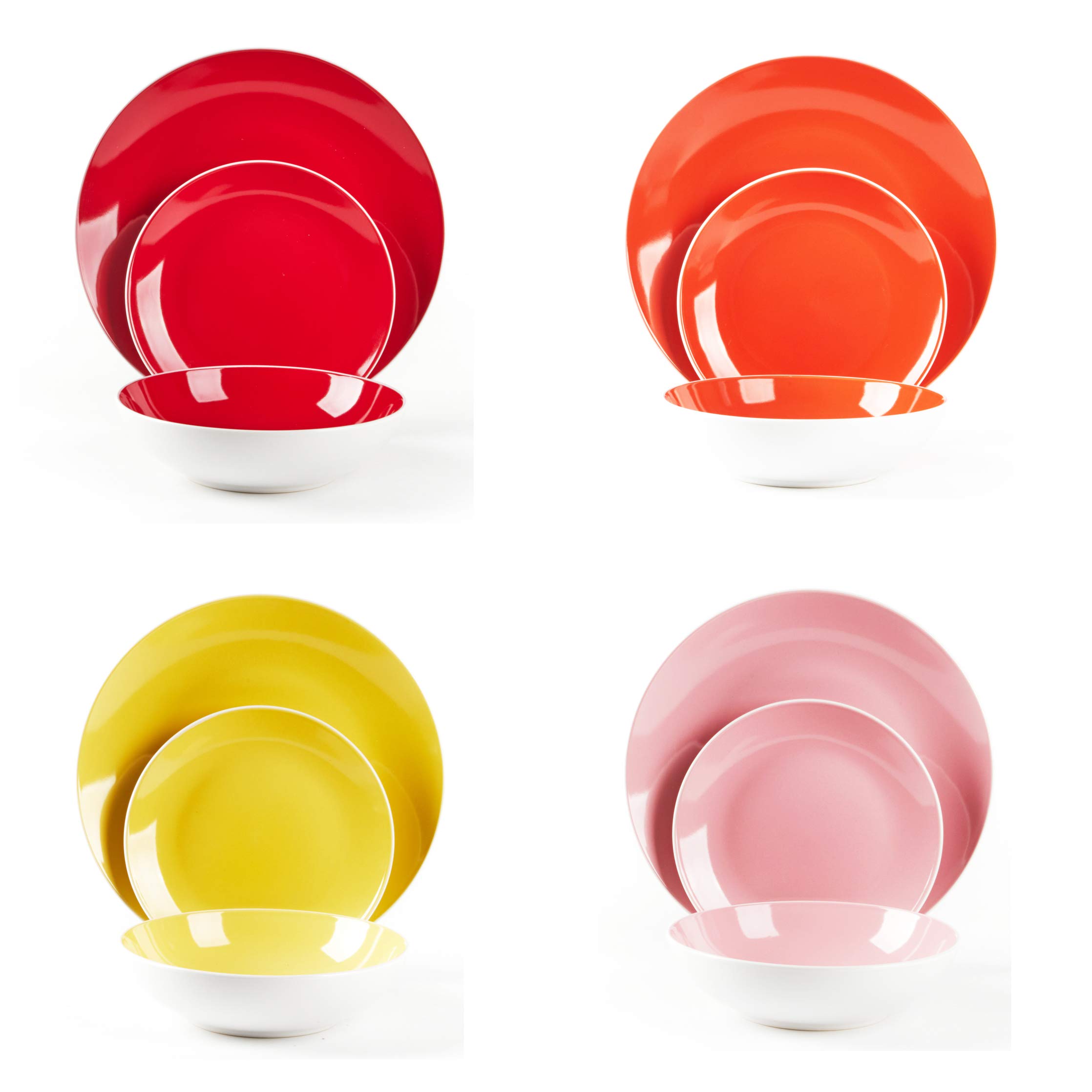 HomeVss, Juego de vajilla de cerámica en forma de cupé, exterior blanco + interior (juego de 12 piezas, muy rosa)