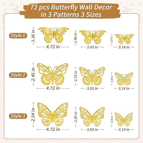 Miniatura 2 de 72 decoraciones de mariposa doradas, decoraciones de mariposa 3D con 3 estilos y 3 tamaños, calcomanías extraíbles para decoración de pared