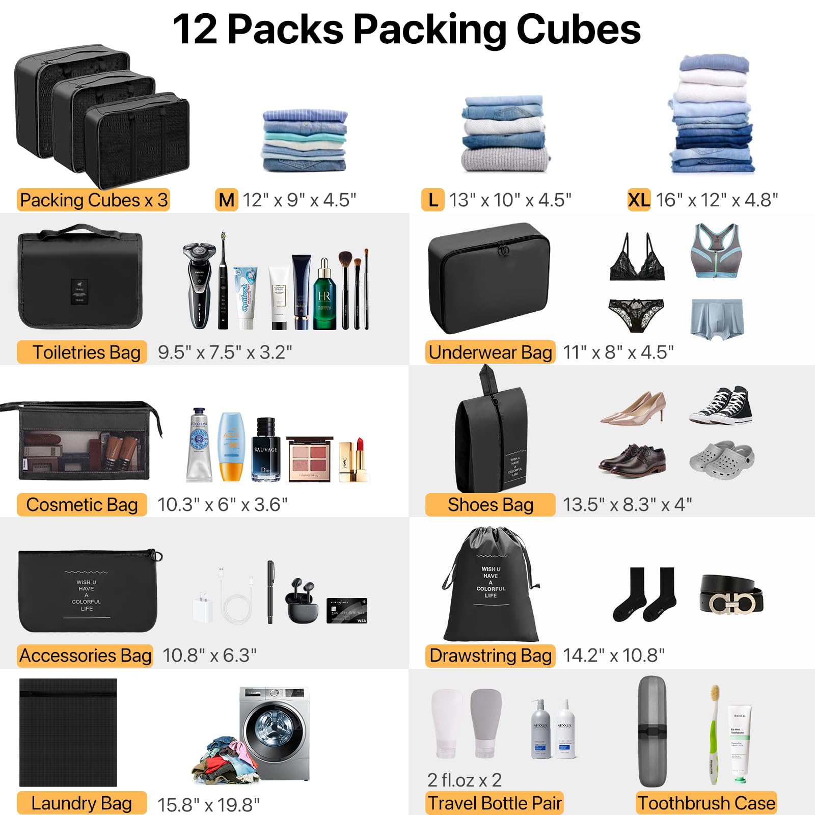 Chijoo 12 PCS Black Packing Cubes, packing cubes for travel, compression packing cubes, packing cubes for suitcases, packing cubes for backpack, packing cubes for carry on, travel packing cubes