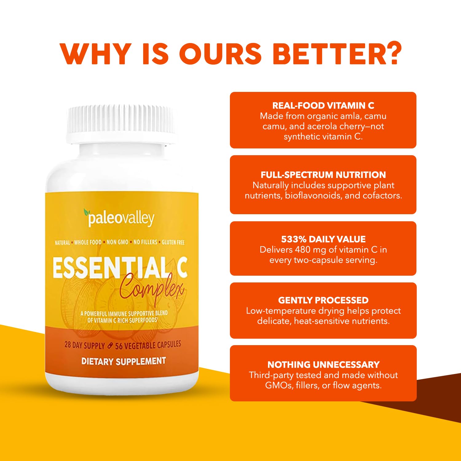 Paleovalley Essential C Complex, Whole Food Vitamin C Supplement, Organic Acerola Cherry, Camu Camu, Amla Berry, No Synthetic Ascorbic Acid, Immune Support Capsules, 450mg- Made in the USA — Amazon image 5