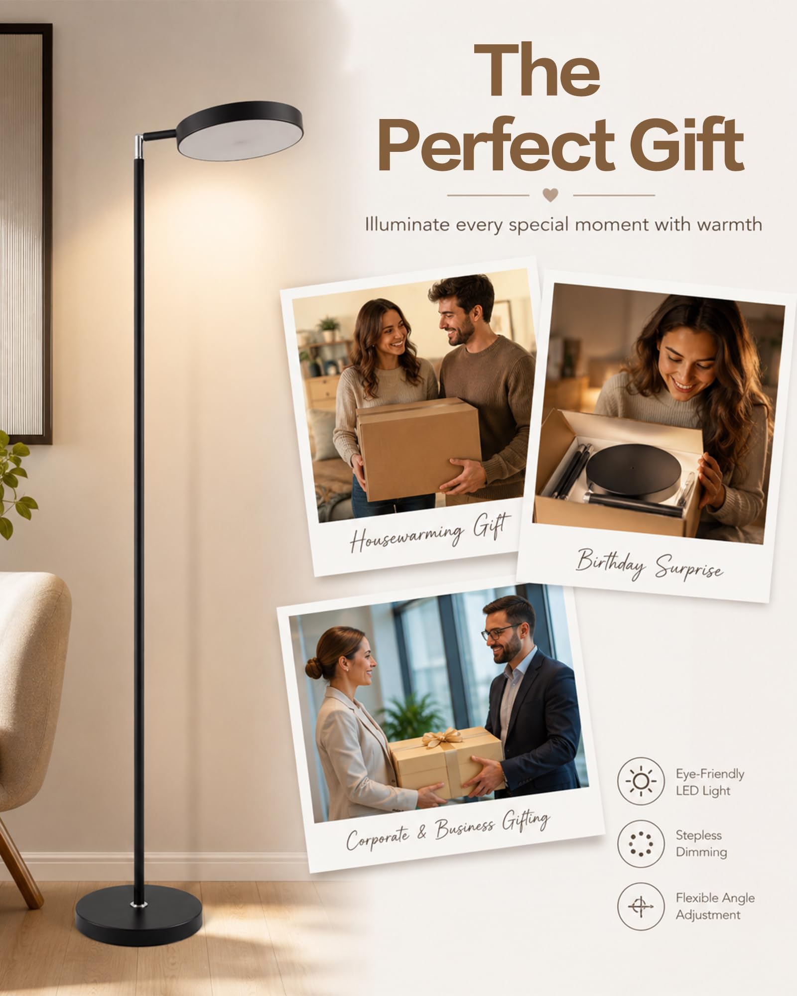LED Stehlampe Wohnzimmer dimmbar mit Fernbedienung, Deckenfluter 163cm Höhe | 350° drehbarer Lampenkopf, Timer, Speicherfunktion, Kabel mit Fußschalter, schwarz, modern, für Wohnzimmer Schlafzimmer Büro