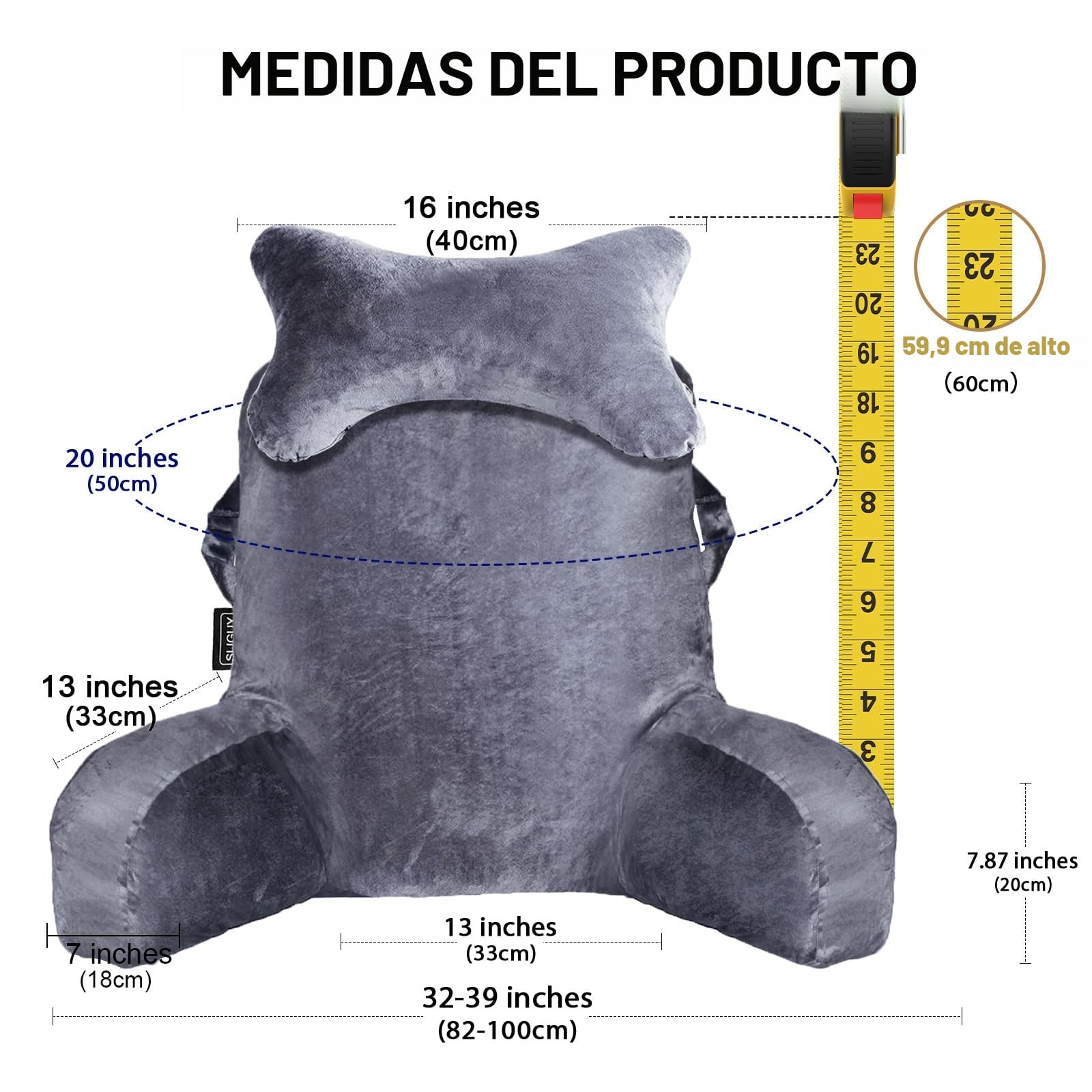 SLIGUY Almohada de lectura para sentarse en la cama, sofá para adultos, almohada de espalda con soporte para brazos y bolsillos, almohada de espalda para adultos para reposo en cama, leer, ver la