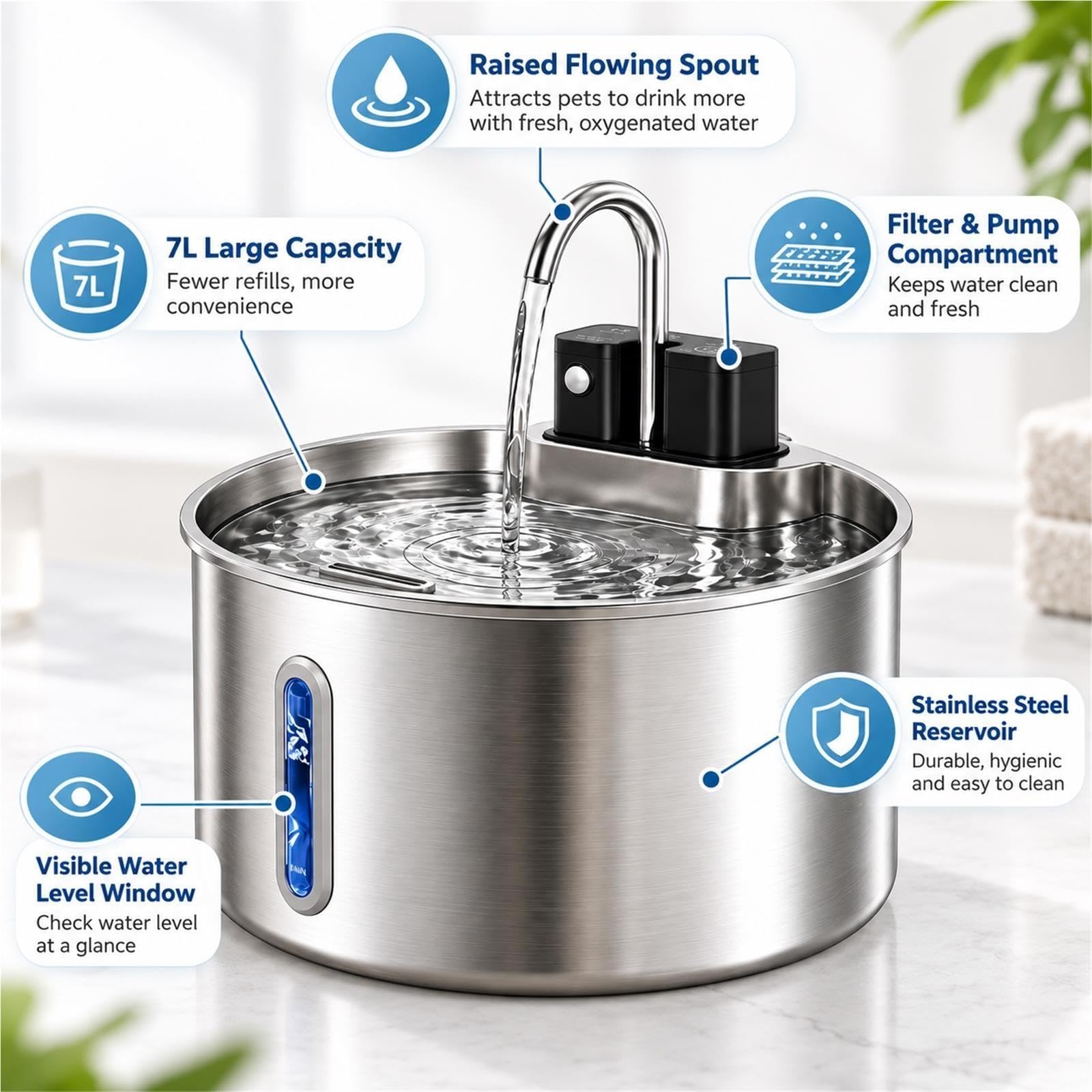 Fontanella Cani Acciaio Inox 4L/7L, Distributore Acqua Silenzioso