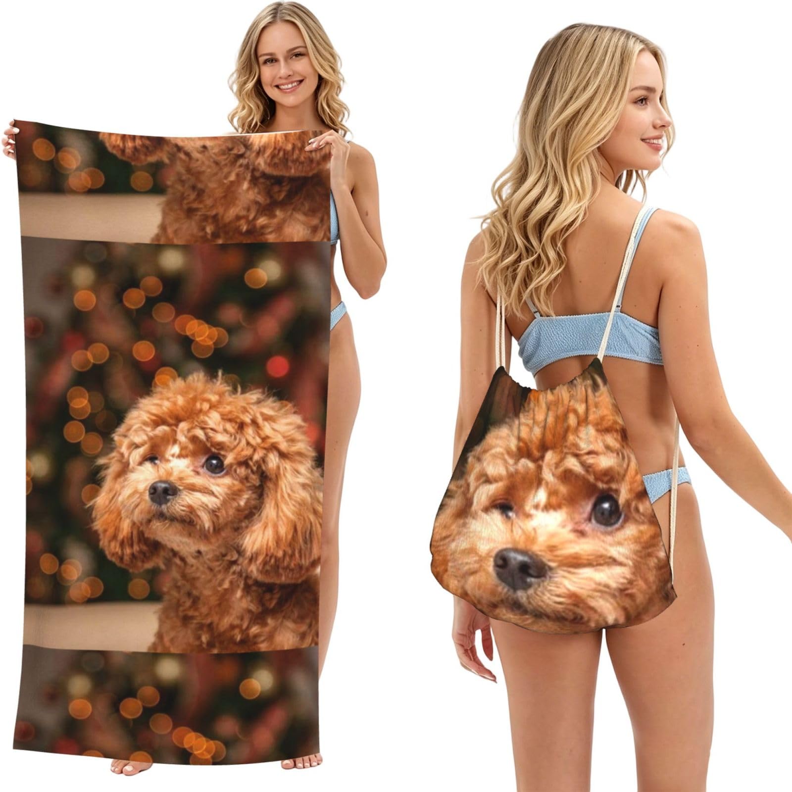 Poadnly As Picture Cute Poodle, 2 In 1 Packable Towel Bag, Beach Towels With Drawstring Backpack For Travel Holiday Camping