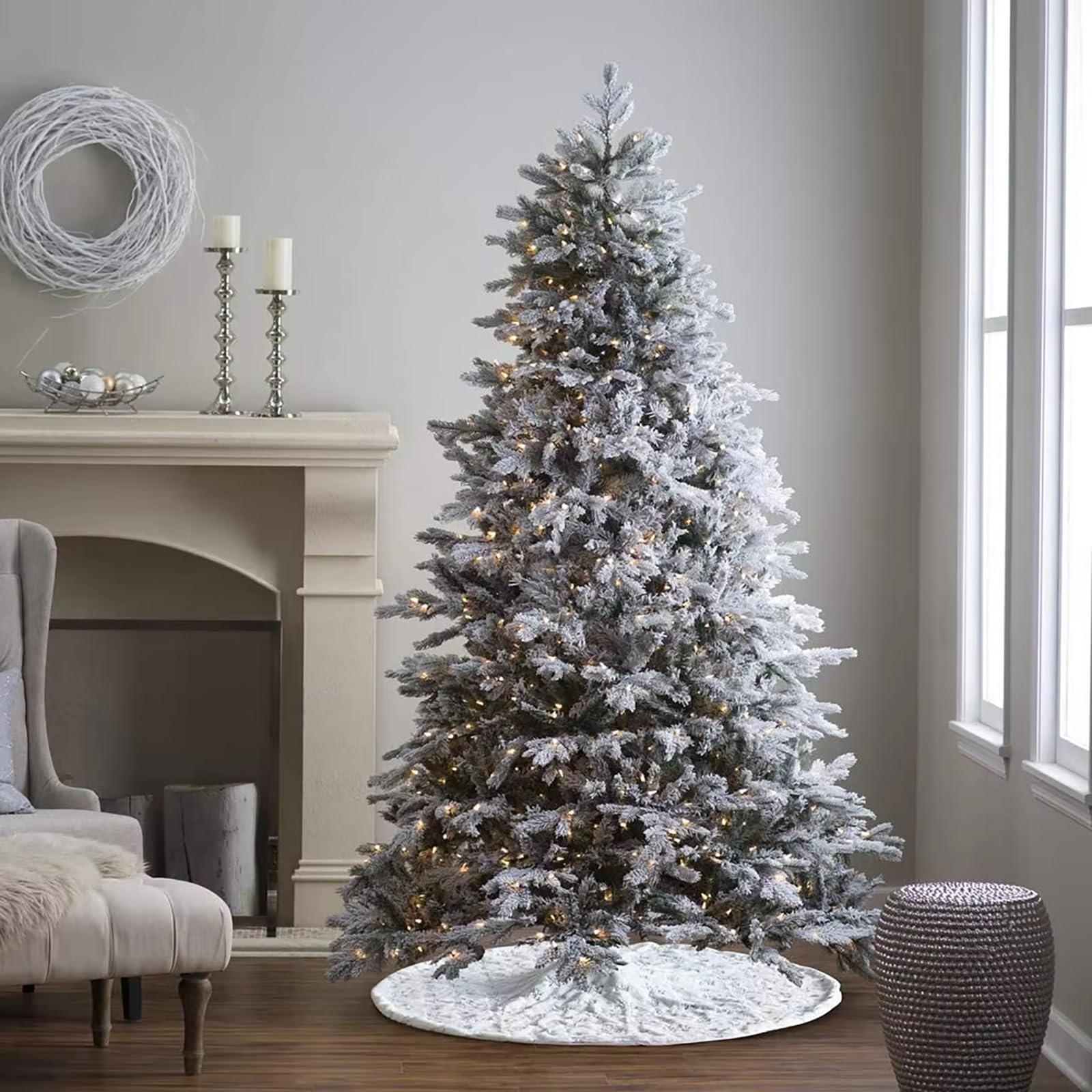 Tapis Sapin Noël TIDEVAN 122cm - Jupe Ronde Peluche Flocons Neige | Protection Sol Et Décoration Fête
