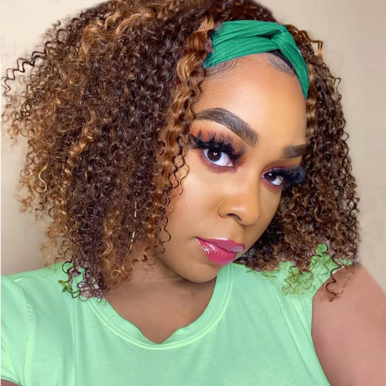 Ombre Highlight Headband Wig Human Hair #4/27 Colored Kinky Curly Headband Wig for Black Women Glueless None Lace Front Human Hair Wigs Brazilian