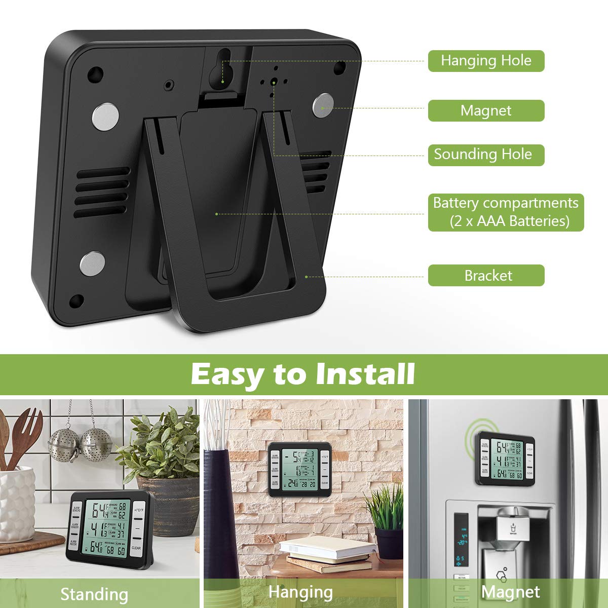 Various installation methods for the KeeKit WA50B main unit: standing, hanging, and magnetic attachment.
