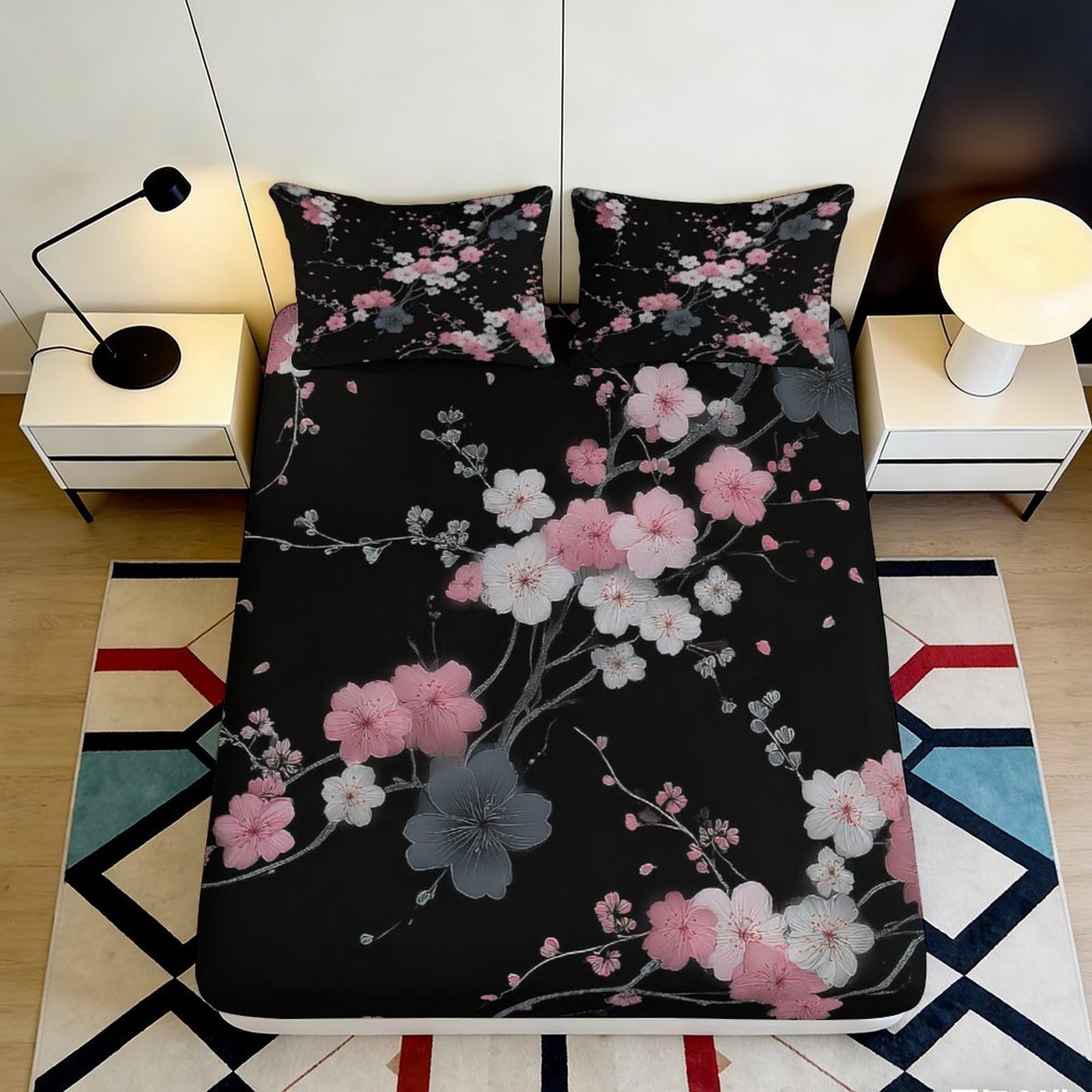 3D Printed Cherry Blossom Fitted Sheet Microfiber Soft Breathable Floral Branch Bed Cover for Bedroom Dormitory Guest Room Mattress Protection Decor 180x200x25cm
