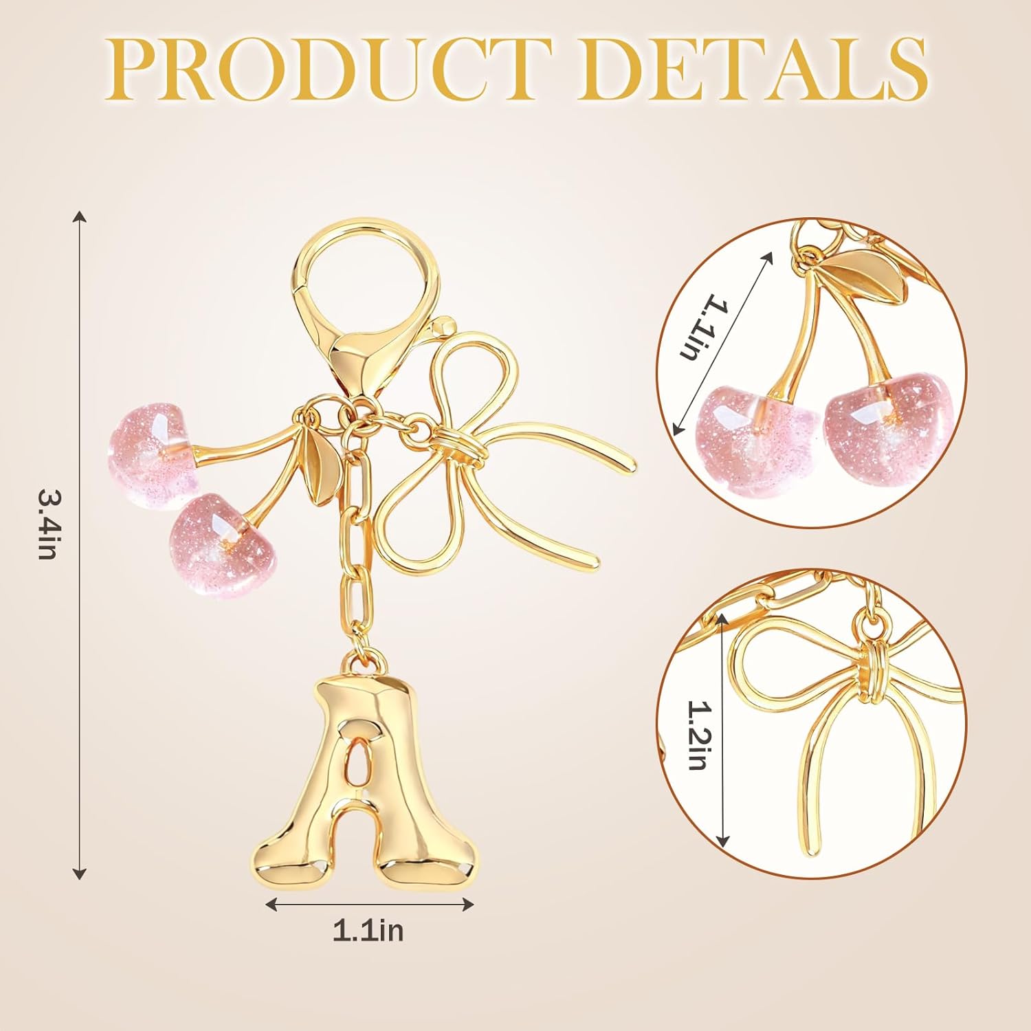 Snycler Bubble Initial Keychain with Bow & Cherry - Gold Letter Bag Charms for Women, Cute Purse Handbag Accessories
