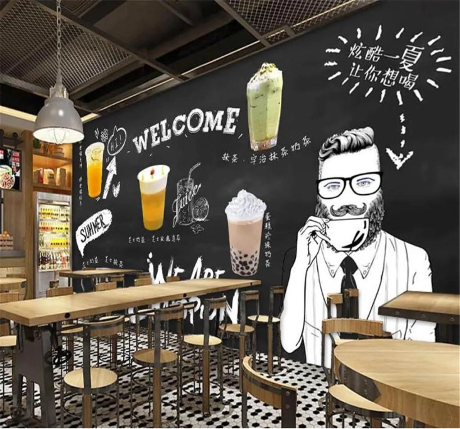 Tzxztt Unique Hand Drawn Blackboard Cold Drinks Bubble Tea Shop Modern 3D Wallpaper Premium Textured Silk Neutral Tones Material Ideal for Living Room Bedroom-430cm×300cm