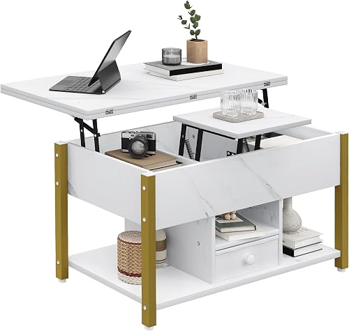 YITAHOME Table Basse Réglable en Hauteur, Multifonctionnelle 4 en 1 avec Espace de Rangement, Se Transforme en Table de Salle à Manger pour Le Salon, Marbre Blanc - 6