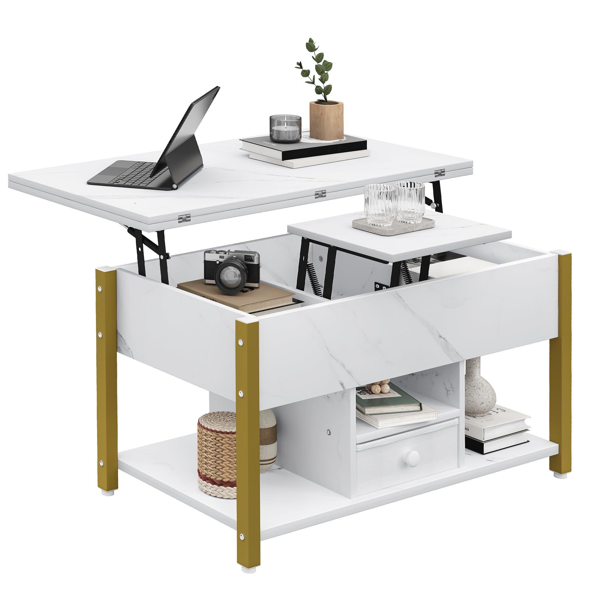 YITAHOME Couchtisch Mit Anhebbarer Platte - 4-in-1 Multifunktionstisch Mit Schubladen