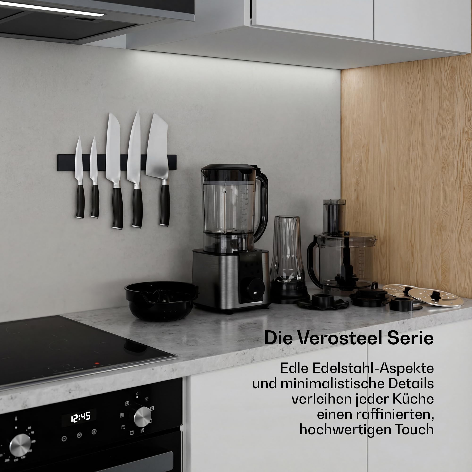 Klarstein Verosteel Küchenmaschine mit Mixer – 1200 W Multifunktions-Küchenmaschine, 2-Liter-Schüssel, 1,75-Liter-Mixer, 10 Geschwindigkeiten, 6 Programme, Entsafter & Fleischwolf