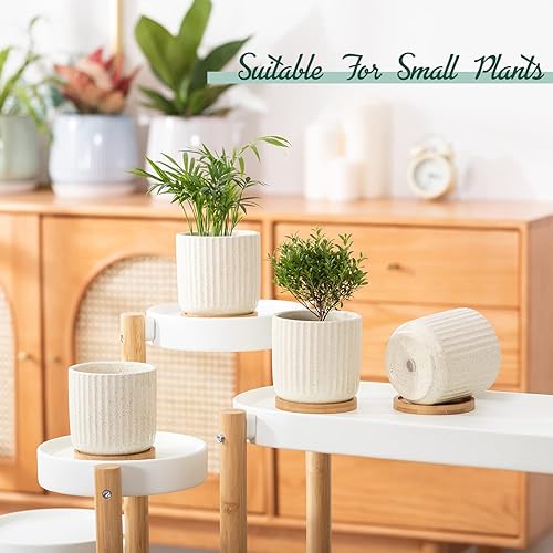 Miniatura 2 de TAMAYKIM Macetas de cerámica de 4 pulgadas con agujeros de drenaje, maceta moderna de patrón vertical con platillo para plantas de interior,