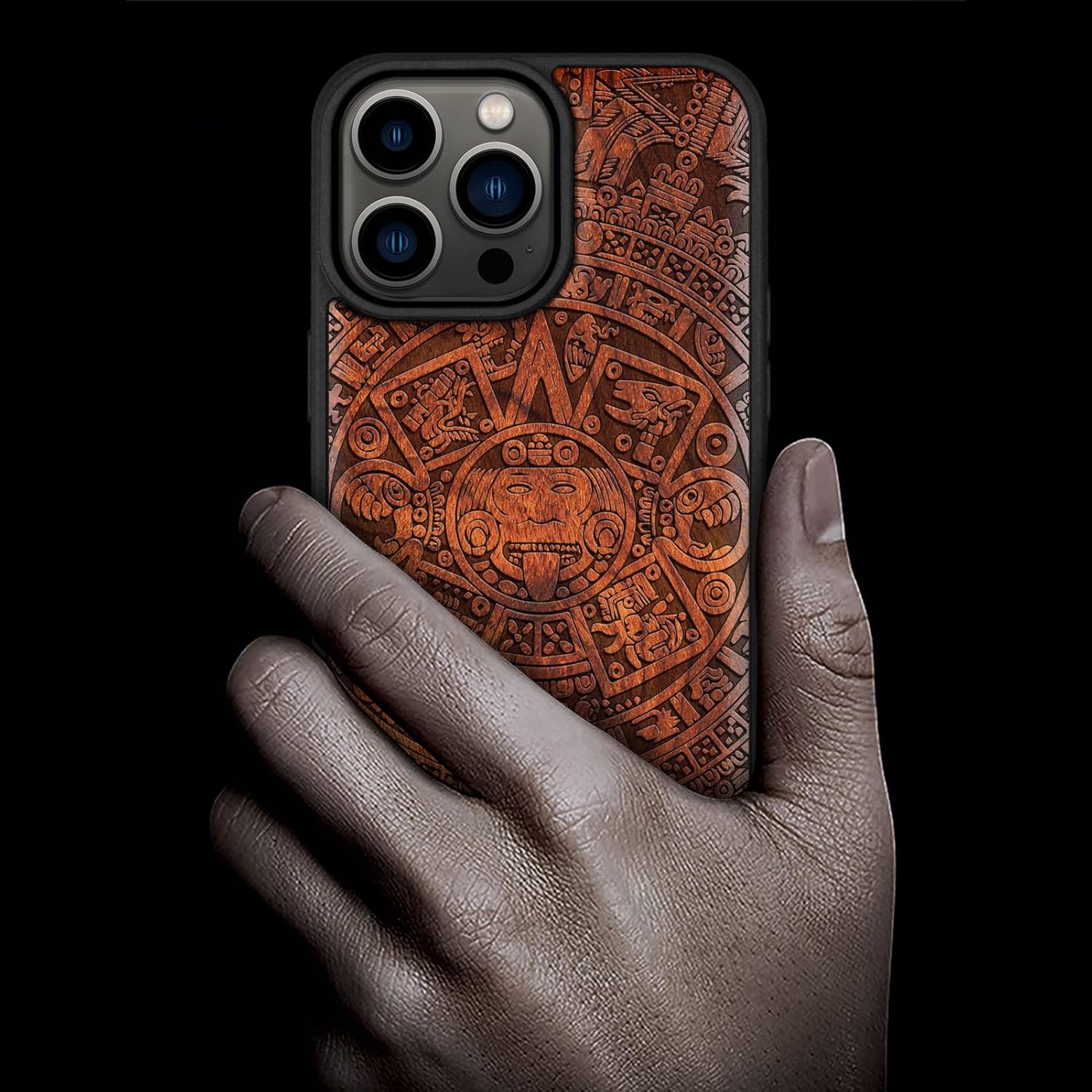Carveit Magnetic Wood Case for iPhone 14 Pro Max [Natural Wood & Black Soft TPU] Unique & Classy Wooden Shockproof Protective Cover Compatible with magsafe (Mayan Symbols Calendar -Rosy)