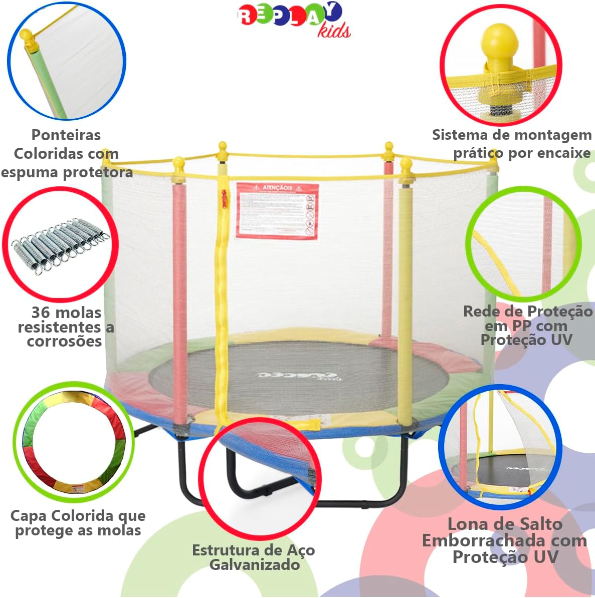 Replay Kids Cama Elástica Pula Pula Trampolim 1,52m, Rede e Lona de Salto com Proteção UV, 36 Molas Revestidas em PVC (até 50 kgs), Multicolorida Replay Kids Cama Elástica Pula Pula Trampolim 1,52m, Rede e Lona de Salto com Proteção UV, 36 Molas Revestidas em PVC (até 50 kgs), Multicolorida