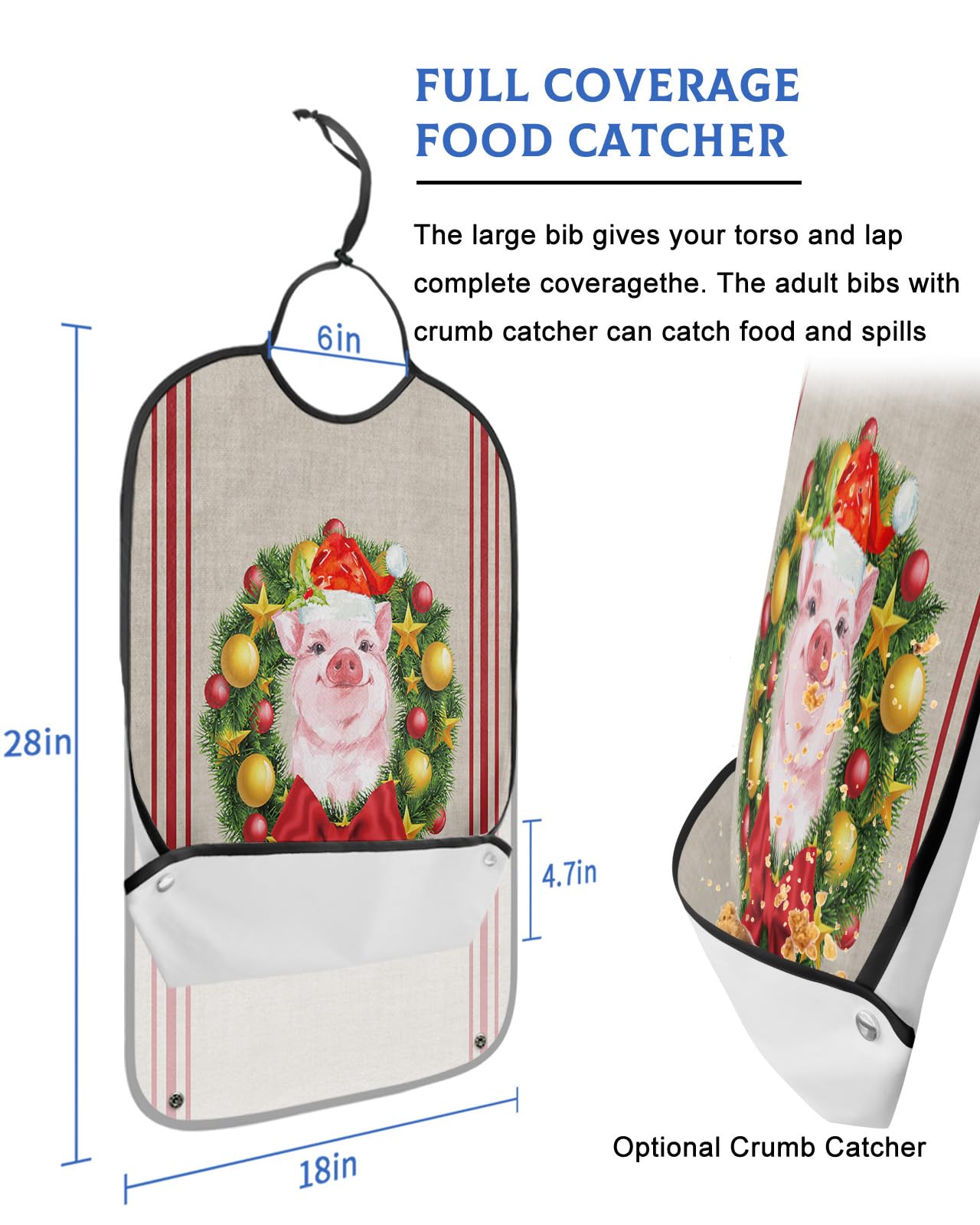 Christmas Wreath with Bowknot Adult Bibs for Eating, Waterproof Bibs with Food Catcher & Adjustable Snap Closure, Farm Pig Red Stripes Washable Clothing Protectors Adult Bibs for Elderly Women/Men