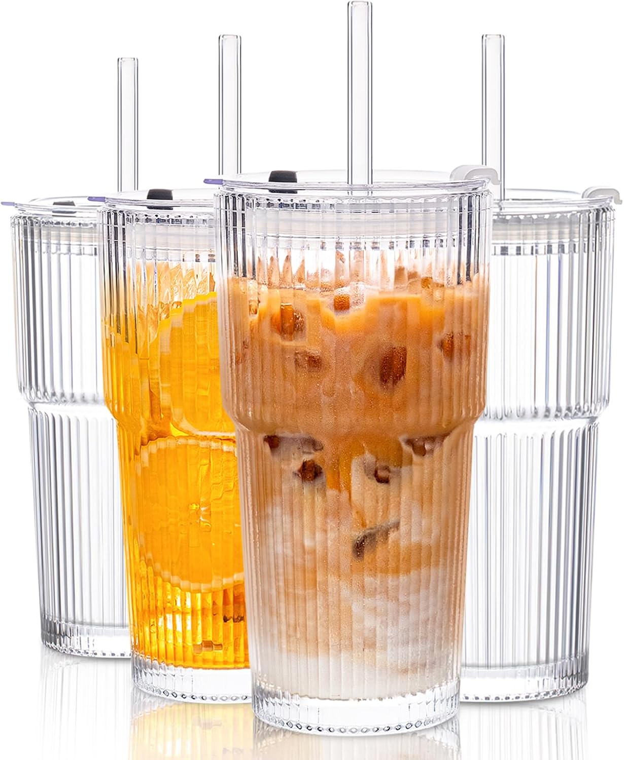 KEMORELA 20oz Ribbed Glass Tumbler with Straw and Lid 4Pcs，Coffee Bar Accessories，Reusable Iced Coffee Cups with Lids, Wide-Mouth Leak Proof Tumbler Drinking Glasses for To Go Iced Coffee