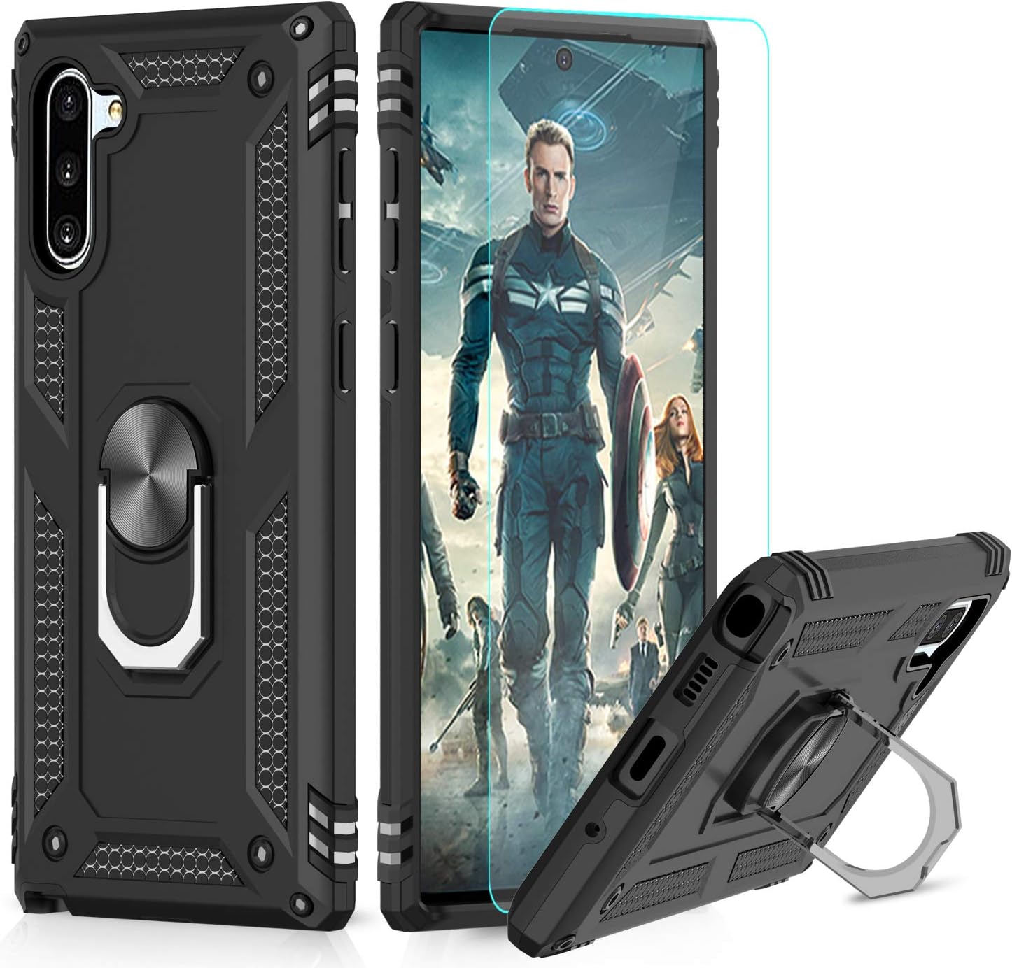 LeYi Compatible for Samsung Galaxy Note 10 Case with HD Screen Protector Ring Holder Kickstand, [Military-Grade] Magnetic Car Mount Shockproof Cover Phone Case for Samsung Note 10, JSFS Black