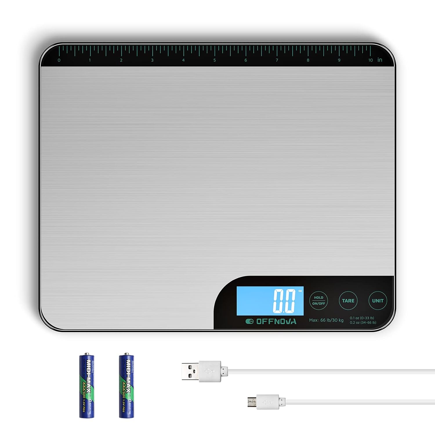 OFFNOVA Rechargeable Shipping Postal Scale for Packages, 66 lbs Durable Stainless Steel Digital Scale, with 10" Length Measuring Ruler and LCD Screen : Office Products