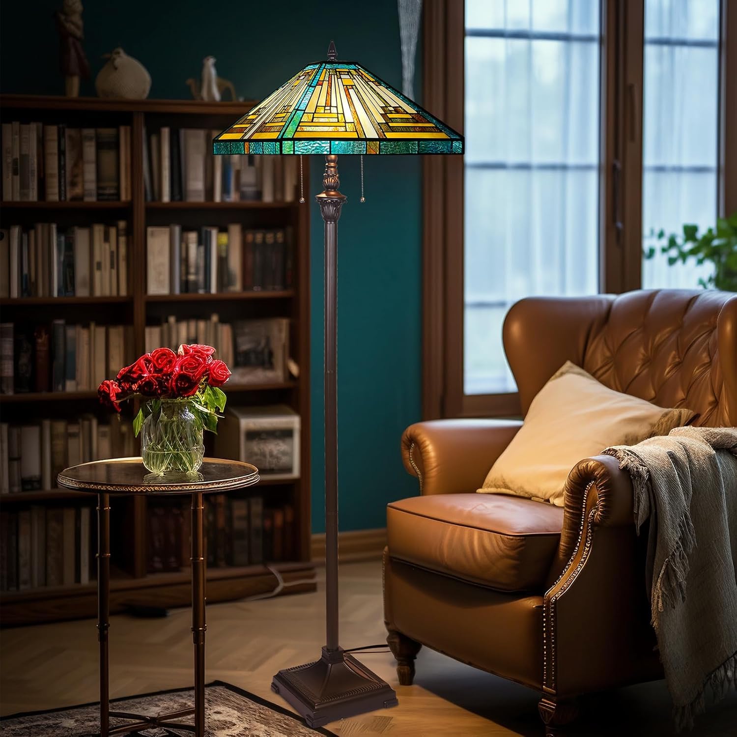 Capulina Tiffany Lamp Stained Glass Floor Lamp 2-Light 16X16X63 Inches Amber Green Mission Antique Tiffany Style Standing Reading Lamp for Living Room Bedroom Home Office