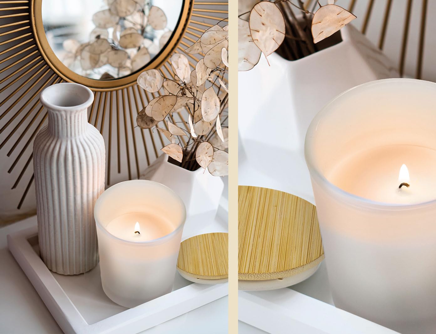 Lote de 24 Velas con aroma a vainilla, presentadas en un tarro de cristal y con tapa de bambú. Medidas: 5.50 x 7.00.