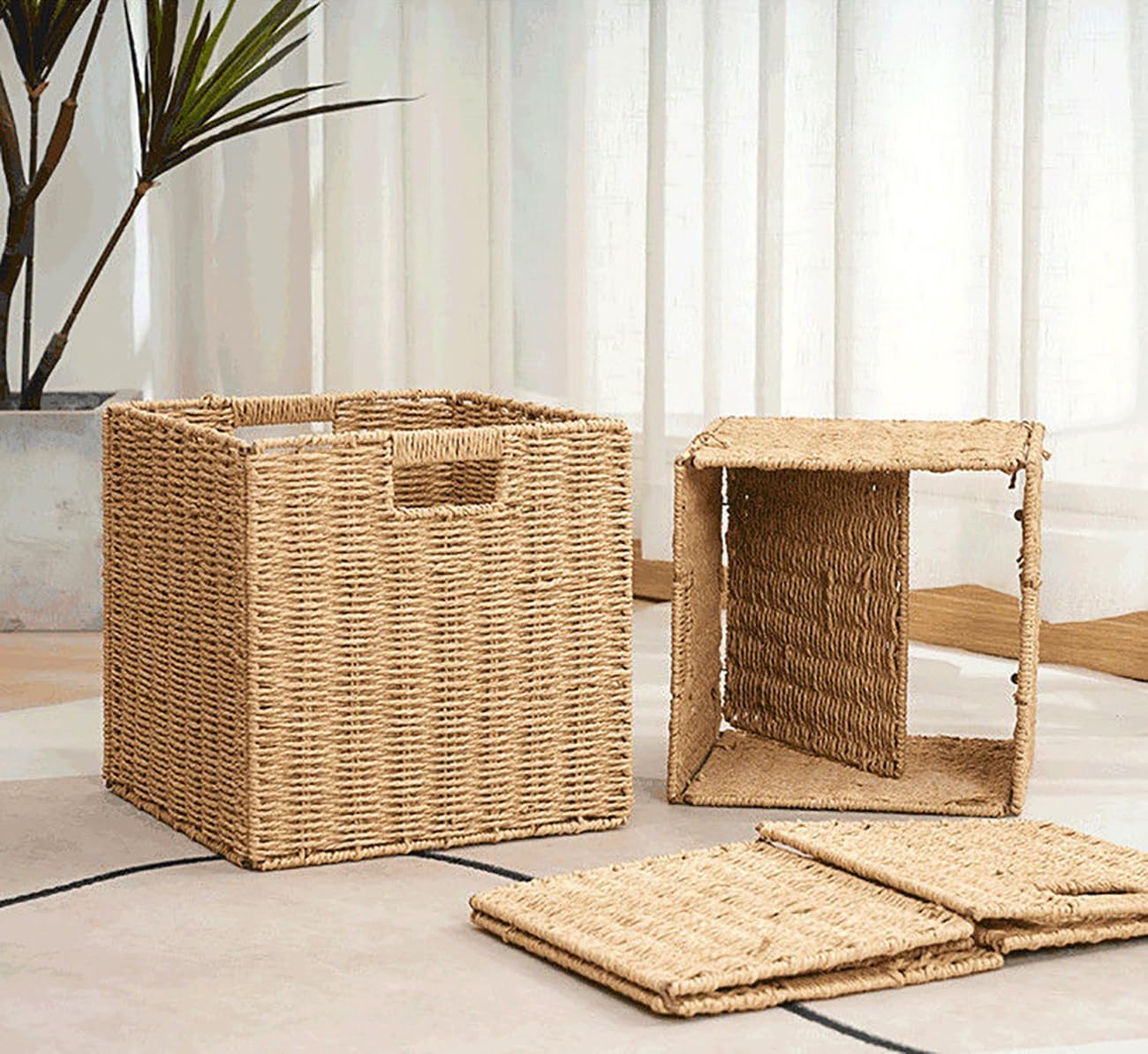 10.5x10.5'' Cube Storage Baskets, Set of 5 Natural Paper Rope Multipurpose Collapsible Organizers, Woven Laundry Totes for Laundry, Storage Cubes,Wicker Baskets Laundry Organizer Totes for Home