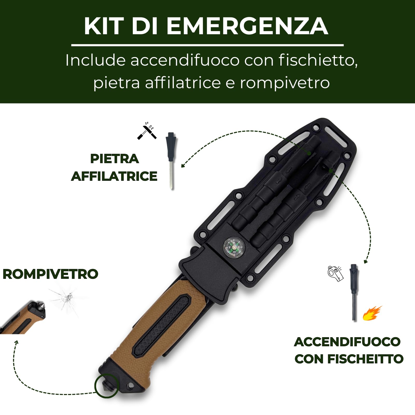 Coltello Sopravvivenza Lama Combinata 13cm Acciaio Inox, Manico Antiscivolo Marrone, Fodero ABS, Accendifuoco, Fischietto, Pietra Affilatrice e Rompivetro – Bushcraft, Camping, Trekking, Idea Regalo