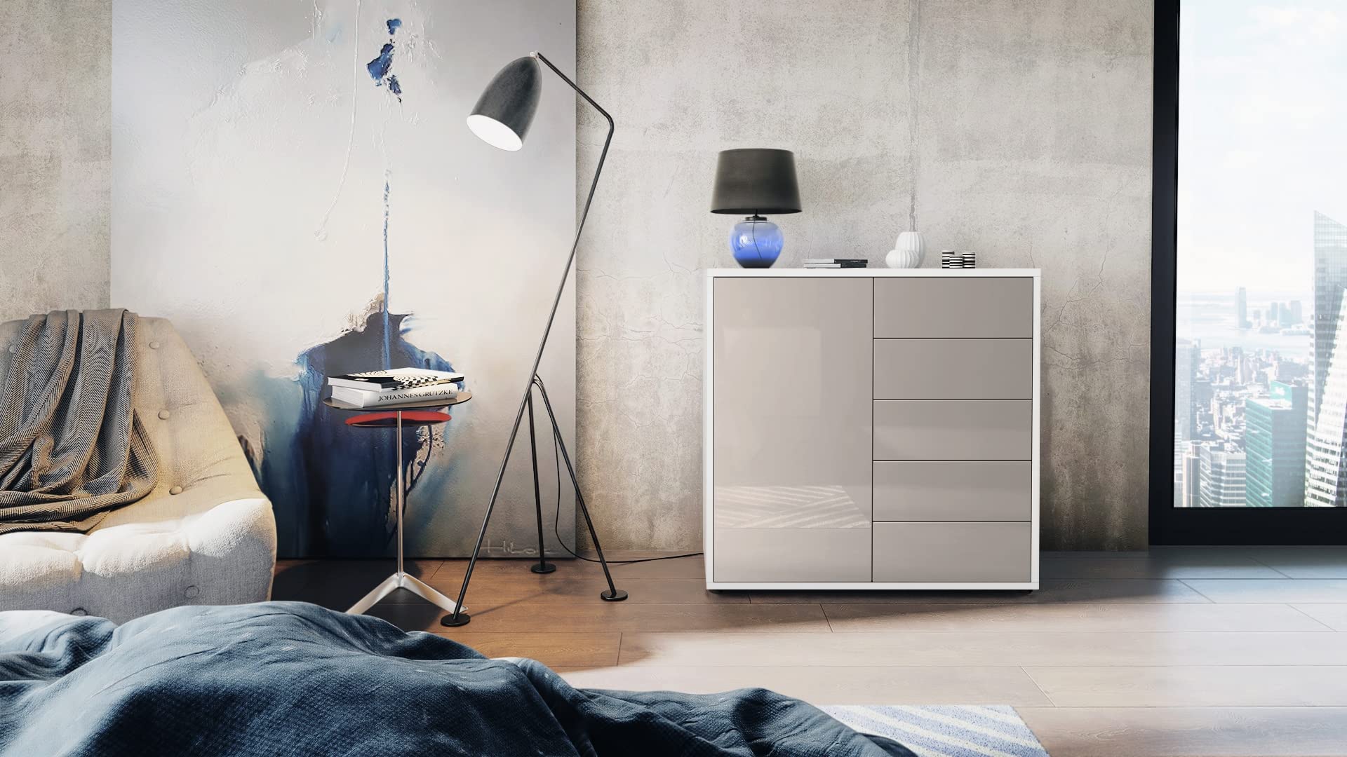 Vladon Sideboard Ben V2, Made in Germany, Kommode mit 1 Tür und 5 Schubladen, Weiß matt/Sandgrau Hochglanz (79 x 74 x 36 cm)