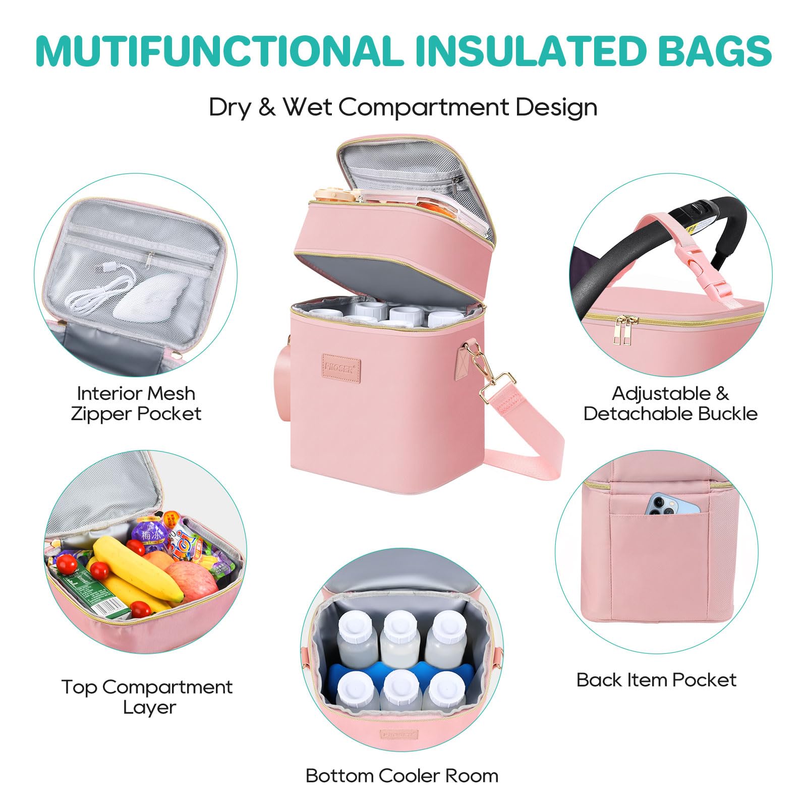 PIIOSER Sac isotherme pour lait maternel avec poche de glace pour 6 biberons jusqu'à 255 g, sac fourre-tout isotherme, double couche, étanche, étanche avec bandoulière pour maman allaitante et qui