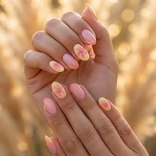 Oval Press On Nails with Blush Pink Yellow Gradient Glossy Finish, Short Almond Shape with 3D Floral Design - Reusable False Nails for Women, Ideal for Wedding Party Daily Wear and Various Occasions