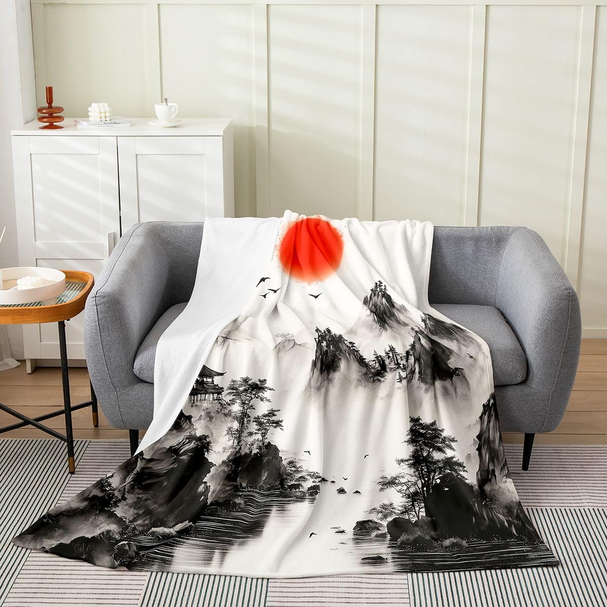 Castle Fairy Landscape Painting Throw Blanket for Kids,Nature Landscape Fleece Throw Blanket for Bedroom Sofa Dorm Decor,3D Watercolor Chinese Style Lightweight Bedding,40 x 50 Inches