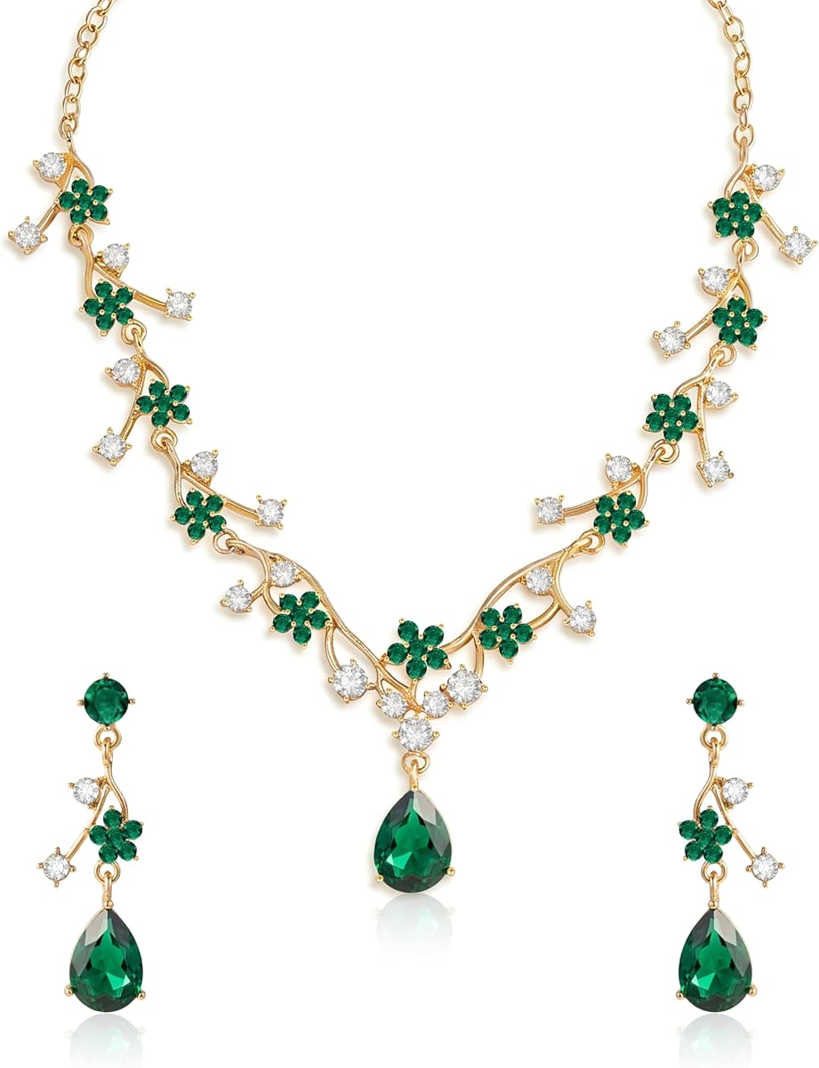 14K Gold Plated Emerald Flower Necklace and Earrings Set Green Cubic Zirconia Birthstone Vintage Floral Jewelry Set for Women