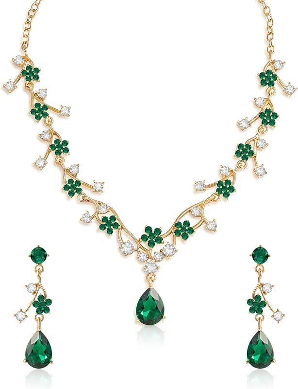 14K Gold Plated Emerald Flower Necklace and Earrings Set Green Cubic Zirconia Birthstone Vintage Floral Jewelry Set for Women