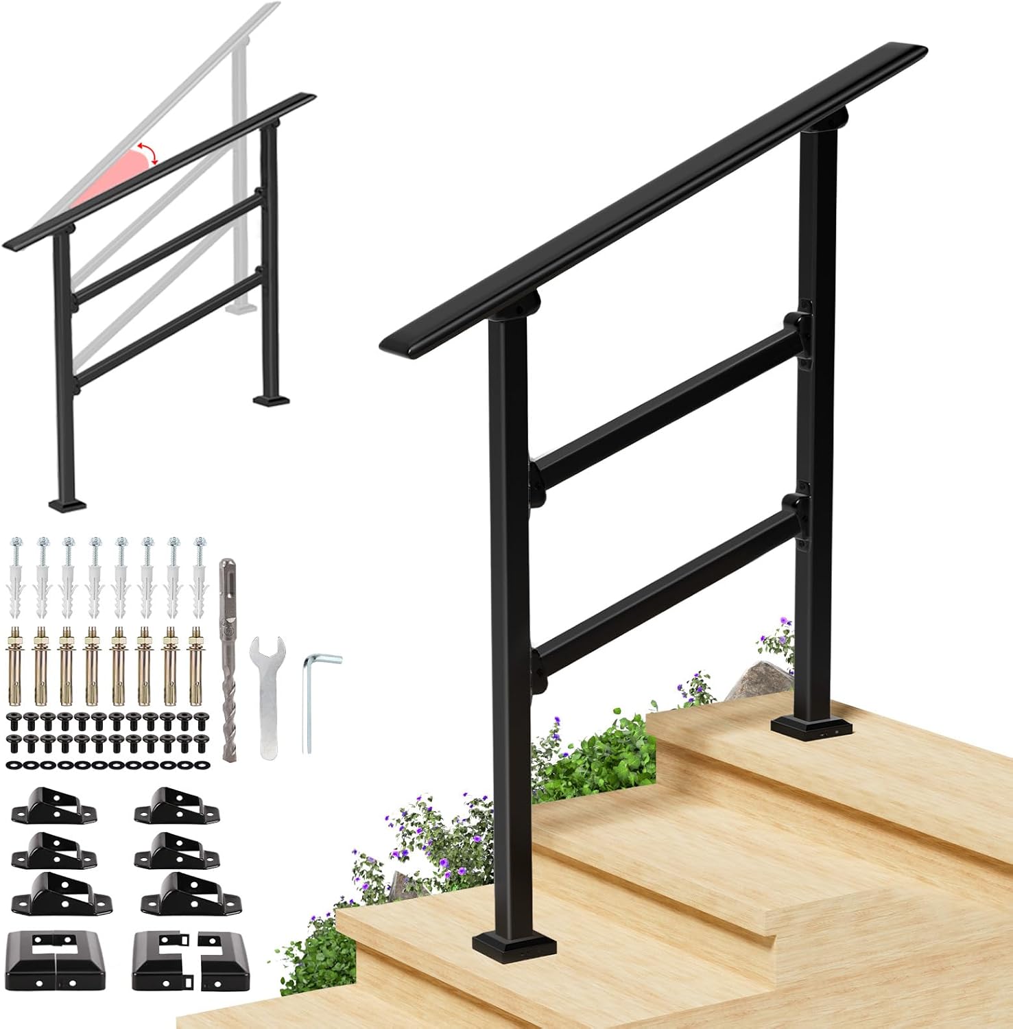 3-Step Handrails for Outdoor Steps & Indoor Stairs, Heavy Duty Iron Stairs Railing Kit, Hand Rails for Seniors, Porch, Deck, Steps, Hallways (Black) 3 Step