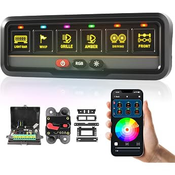 RGB 6 Gang Switch Panel Automatic Dimmable Multifunction Switch Panel with Momentary Tilt Pulse Memory Aluminium Switch Panel for Truck Boat Car RV