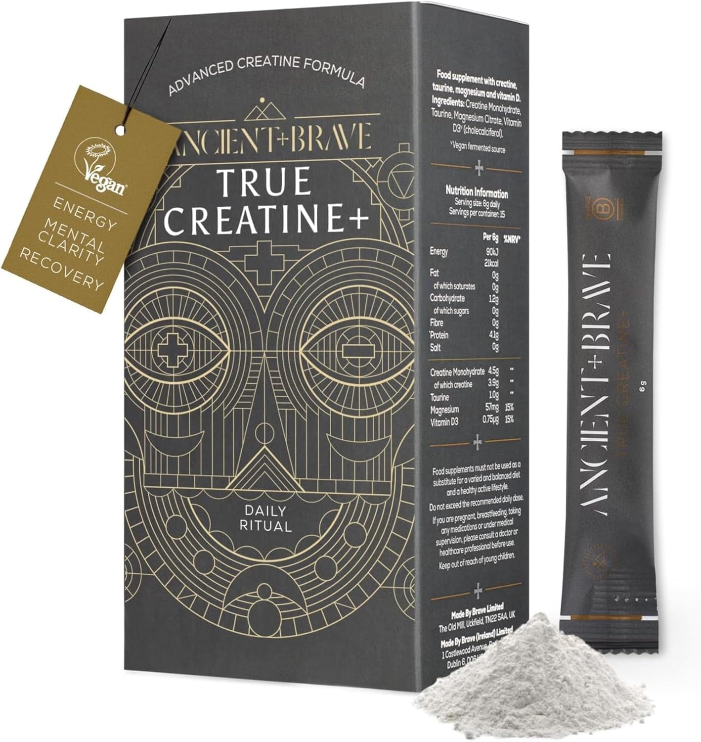 Ancient + Brave True Creatine+ Sachets 15 x 6g – Premium Creatine Monohydrate Powder – 100% Micronised – High Performance, Strength Building – Muscle Recovery, Cognition & Wellness